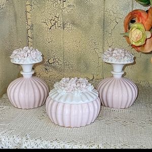 Vintage Vanity Set Pink and white flowers Porcelian RARE